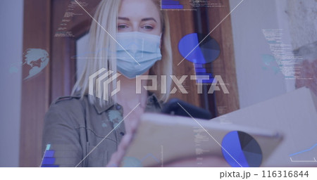 Image of data processing over caucasian woman with face mask taking package 116316844