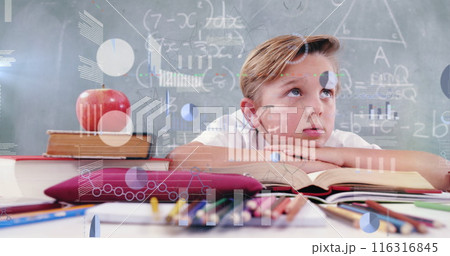 Image of scientific data processing over caucasian schoolboy 116316845