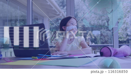 Image of data processing over girl with face mask using laptop Image of data processing over girl with face mask using laptop 116316850