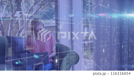 Image of data processing over caucasian woman with face mask using laptop 116316854