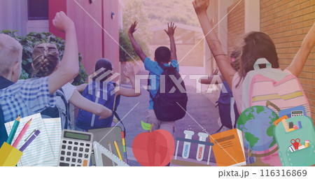 Image of school equipment over back of diverse pupils running outside school 116316869