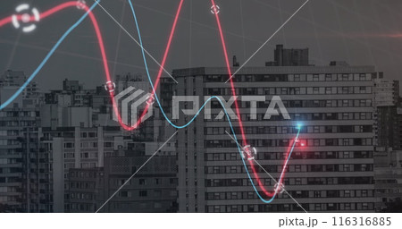 Neon statistical data processing against tall buildings in the city 116316885