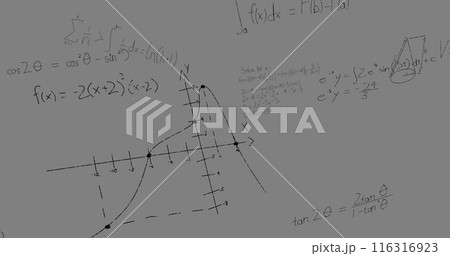 Digital image of mathematical equations and formulas floating against grey background Digital image of mathematical equations and formulas floating against grey background 116316923