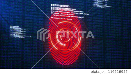 Image of fingerprint scanning and data processing on navy background 116316935