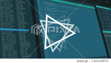 Image of triangle rotating over data processing on computer screens 116316973