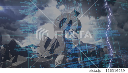 Image of data processing over flashes and dollar made of stone 116316989