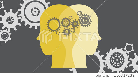 Image of cogs over yellow faces on grey background with cogs Image of cogs over yellow faces on grey background with cogs 116317238