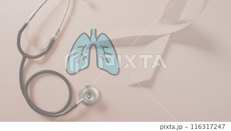 Image of lungs over stethoscope and ribbon on pink background 116317247