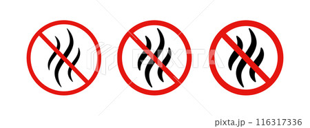 Anti bad smell icon. Odor control label. Forbidden flavors symbol. Strong flavors are not allowed. Deodorant sign. No perfume icon. Forbidden smoke. Vector illustration isolated on white background 116317336