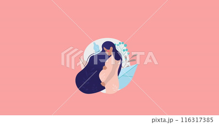 Image of pregnant woman with long hair touching belly  on pink background 116317385