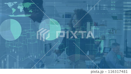 Image of data processing and 3d city model over diverse man and woman discussing at office 116317481