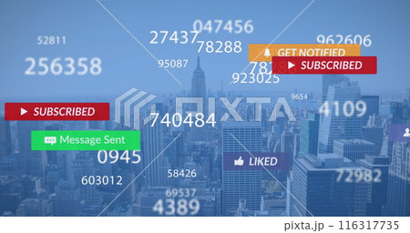 Image of changing numbers and social media icons floating against aerial view of cityscape 116317735