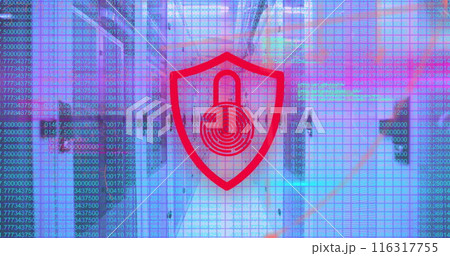 Image of security padlock icon, mathematical equations and data processing over server room Image of security padlock icon, mathematical equations and data processing over server room 116317755