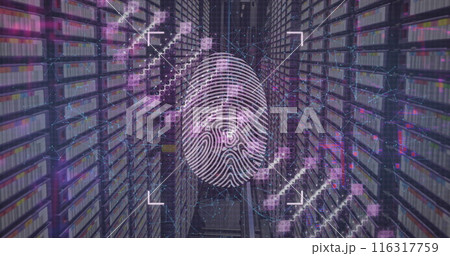 Image of dna structure spinning over biometric fingerprint scanner against computer server room Image of dna structure spinning over biometric fingerprint scanner against computer server room 116317759