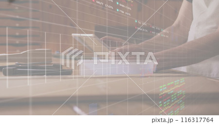 Image of financial data processing over african american man using tablet 116317764