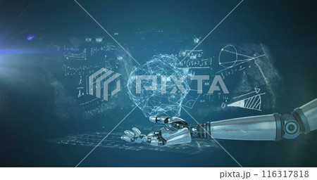 Image of robotic arm with shapes and data processing over mathematical equations Image of robotic arm with shapes and data processing over mathematical equations 116317818