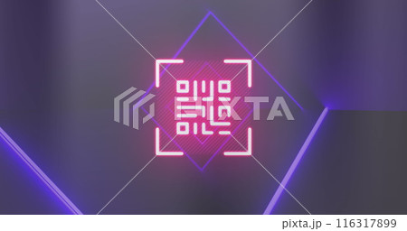 Image of neon pink qr code scanner and light trails against blue background Image of neon pink qr code scanner and light trails against blue background 116317899