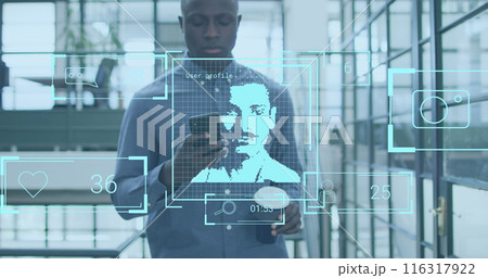 Image of numbers, icons, profile picture, african american man drinking coffee and using phone Image of numbers, icons, profile picture, african american man drinking coffee and using phone 116317922