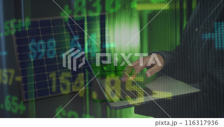 Image of financial data processing over mid section of male engineer using laptop at server room Image of financial data processing over mid section of male engineer using laptop at server room 116317936