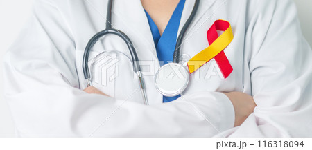 World hepatitis day awareness month, 28 July. Doctor holding Red and Yellow ribbon. Liver cancer, Jaundice, Cirrhosis, Failure, Enlarged, Hepatic Encephalopathy and Health concept World hepatitis day awareness month, 28 July. Doctor holding Red and Yellow ribbon. Liver cancer, Jaundice, Cirrhosis, Failure, Enlarged, Hepatic Encephalopathy and Health concept 116318094