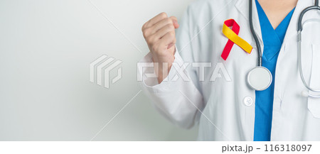 World hepatitis day awareness month, 28 July. Doctor holding Red and Yellow ribbon. Liver cancer, Jaundice, Cirrhosis, Failure, Enlarged, Hepatic Encephalopathy and Health concept World hepatitis day awareness month, 28 July. Doctor holding Red and Yellow ribbon. Liver cancer, Jaundice, Cirrhosis, Failure, Enlarged, Hepatic Encephalopathy and Health concept 116318097