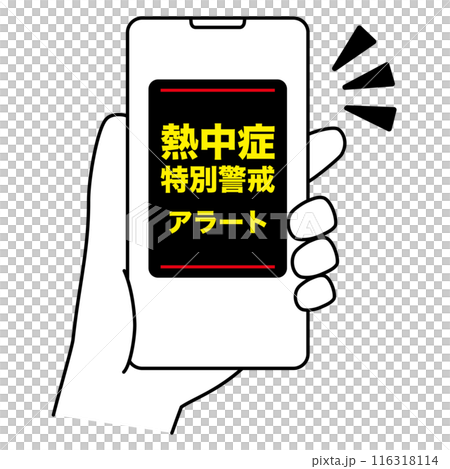 Heatstroke special alert smartphone screen, hand holding, line drawing icon Heatstroke special alert smartphone screen, hand holding, line drawing icon 116318114