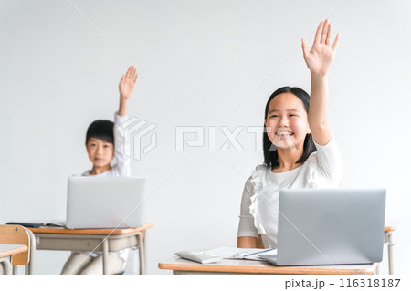 学校の教室・塾でパソコンを使った授業を受け挙手する女子小学生（意見・勉強） 116318187