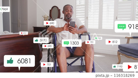 Image of social media icons against african american disabled man using smartphone at home Image of social media icons against african american disabled man using smartphone at home 116318269