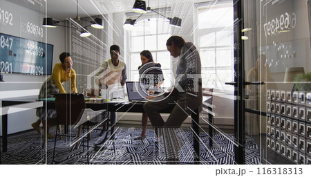 Image of changing numbers, loading bars and circles over diverse coworkers discussing reports Image of changing numbers, loading bars and circles over diverse coworkers discussing reports 116318313