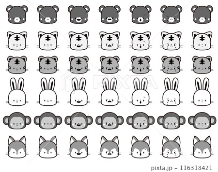 いろいろな動物の表情イラストセット、モノクロ 116318421