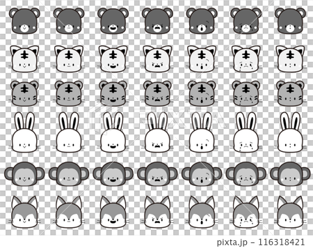 いろいろな動物の表情イラストセット、モノクロ 116318421