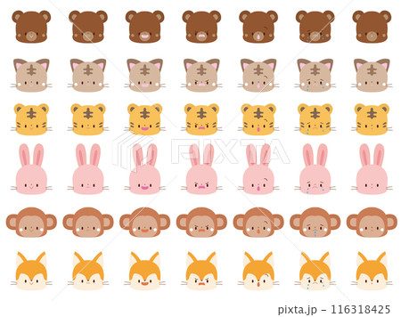 いろいろな動物の表情イラストセット、カラー線なし 116318425