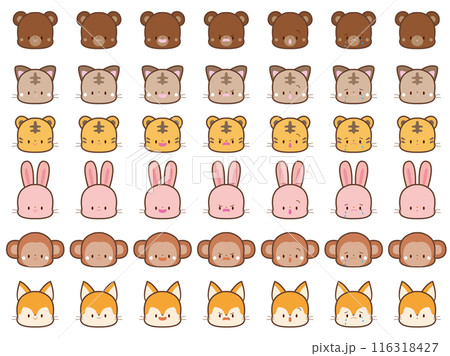 いろいろな動物の表情イラストセット、カラー線あり 116318427