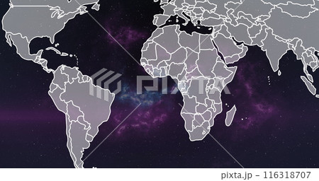 Image of glowing purple light over world map 116318707
