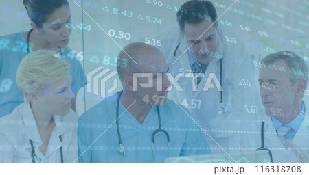 Image of stock market data processing over team of doctors discussing together at hospital 116318708