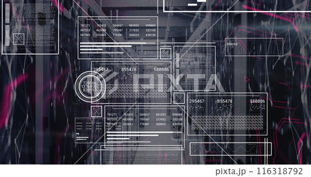 Image of interface with data processing and network of connections against computer server room 116318792