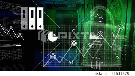 Image of security padlock icon and data processing against computer server room 116318796