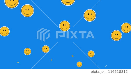 Image of gold confetti falling with smiley emoji icons on blue background 116318812