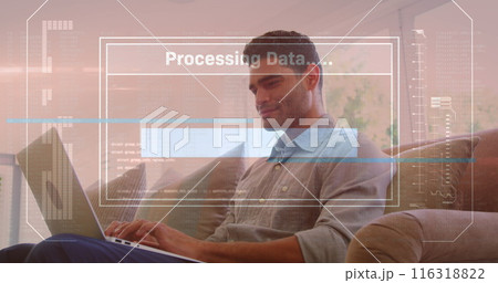 Image of loading text in bar, computer language, biracial man using laptop at home 116318822
