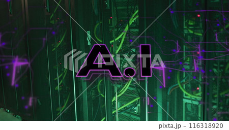 Image of ai text banner and purple light trails against computer server room Image of ai text banner and purple light trails against computer server room 116318920