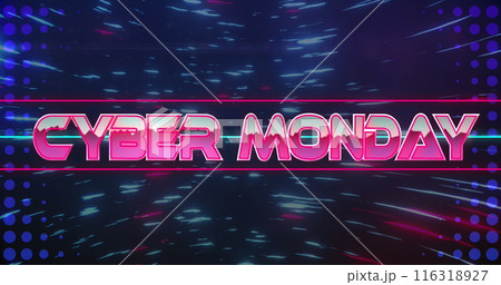 Image of cyber monday text in pink metallic letters over flashing rings and light trails Image of cyber monday text in pink metallic letters over flashing rings and light trails 116318927