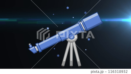 Image of telescope and blue light trail against black background with copy space 116318932