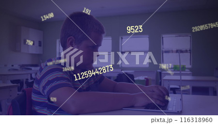 Image of multiple changing numbers against caucasian boy using laptop in class at school Image of multiple changing numbers against caucasian boy using laptop in class at school 116318960