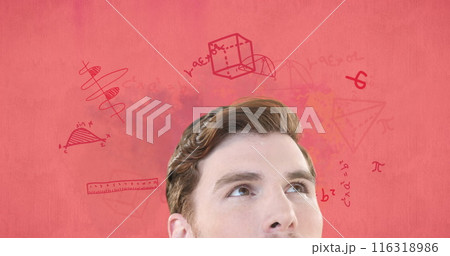 Image of thoughtful caucasian male student over maths and geometry equations on pink paper 116318986