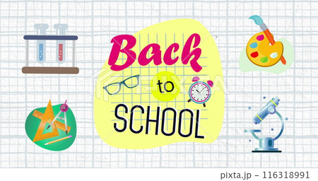 Image of back to school text and science concept icons against squared lined paper background Image of back to school text and science concept icons against squared lined paper background 116318991