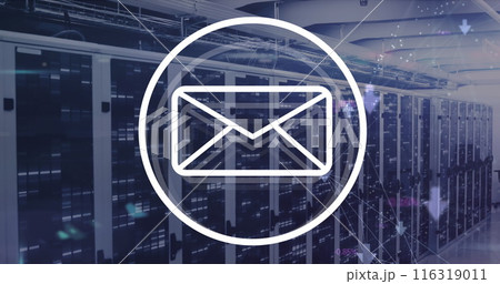 Image of message icon and mosaic squares against computer server room 116319011