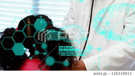 Image of codes, brain, molecule structure over caucasian doctor examining girl in hospital Image of codes, brain, molecule structure over caucasian doctor examining girl in hospital 116319013