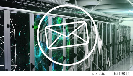 Image of message icon and plexus networks against computer server room Image of message icon and plexus networks against computer server room 116319016