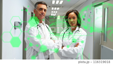 Image of codes, brain, molecules over diverse doctors with arms crossed standing in hospital Image of codes, brain, molecules over diverse doctors with arms crossed standing in hospital 116319018