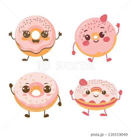 Cute Pink Strawberry Donuts Cartoon Character with Happy Expression 116319040